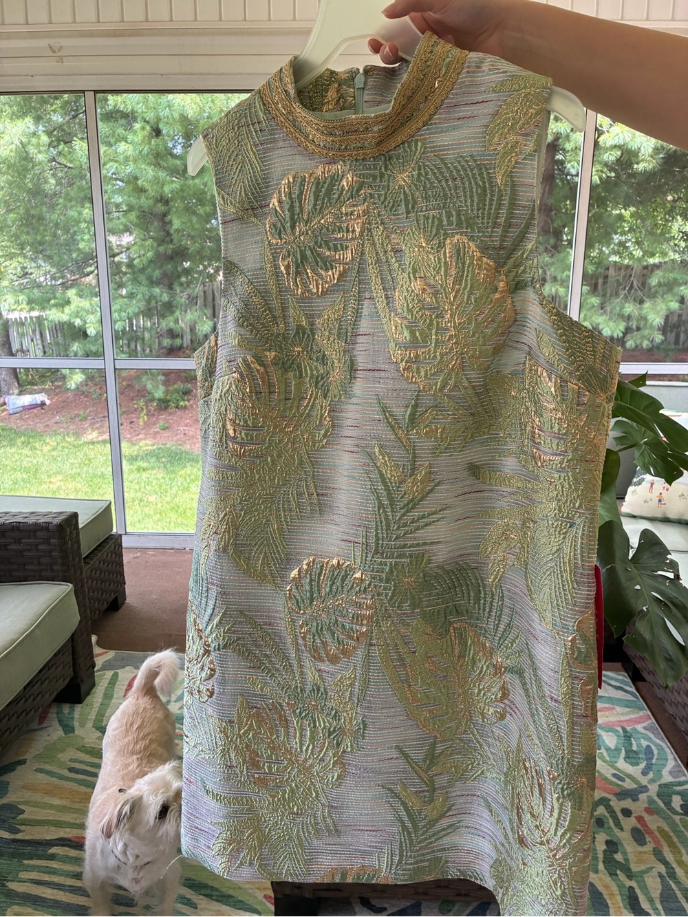 Metallic Green Tropical-Pattern Midi Dress